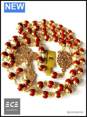 Catholic Rosary Red Agate Carnelian Beads Cross Necklace Gift Box